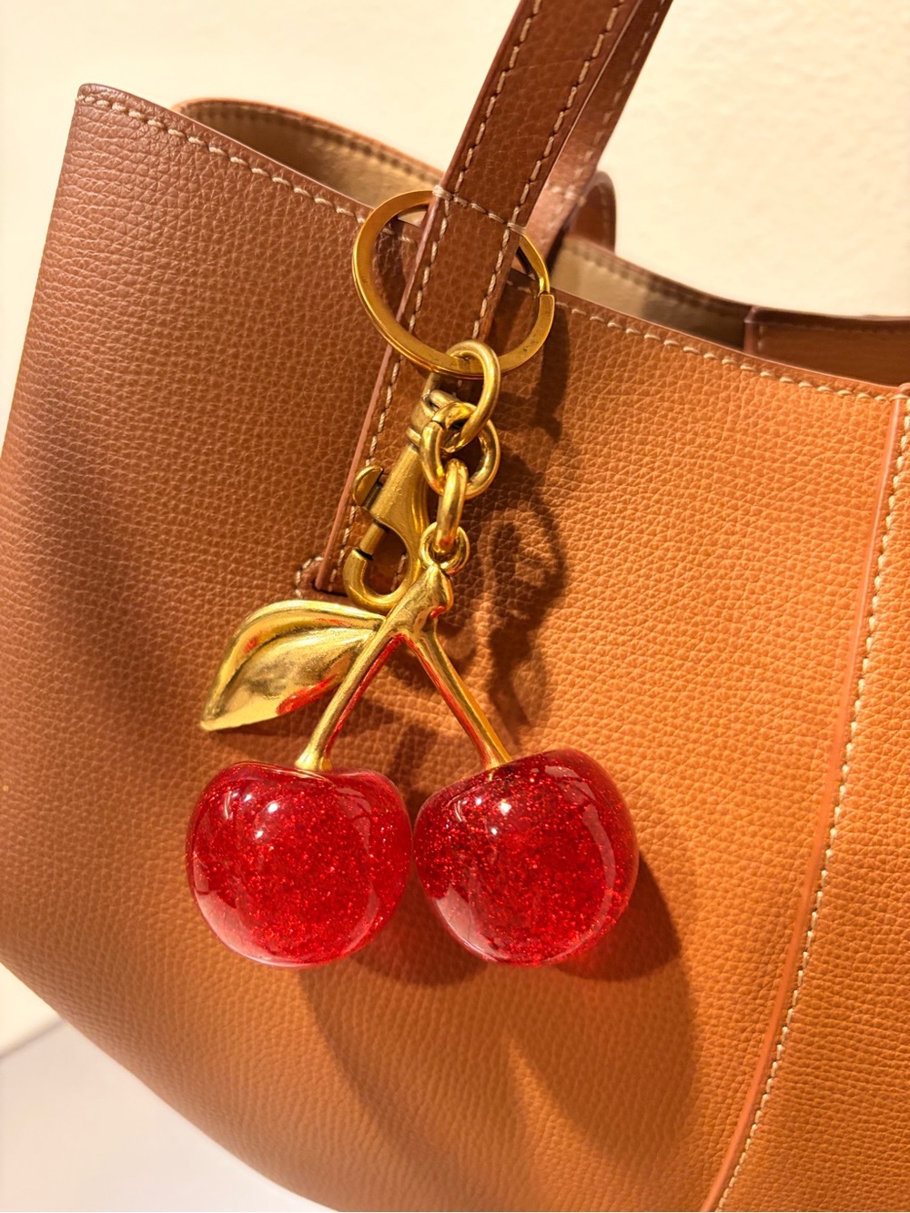 Red Glitter Cherry Bag Charm Keychain with Gold Accents